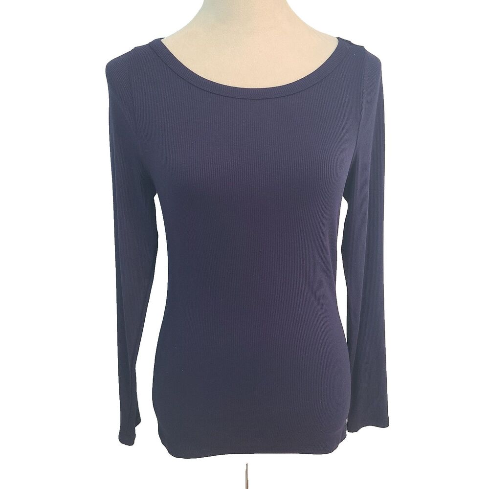 Frankie & Skylarr Ribbed Knit Top L Navy Blue Scoop Neck Long Sleeve Bella Swan